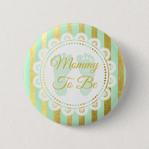 Mint Green and Gold Striped Mummy to Be Button