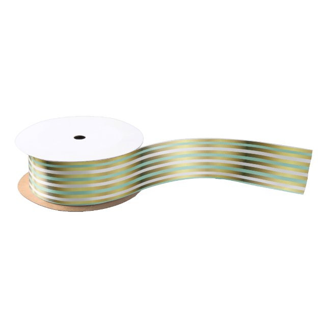 Mint Green and Gold Striped Ribbon Satin Ribbon (Spool)