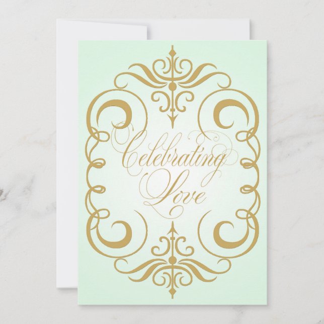 Mint Green and Gold Swirl Wedding Invitation (Front)