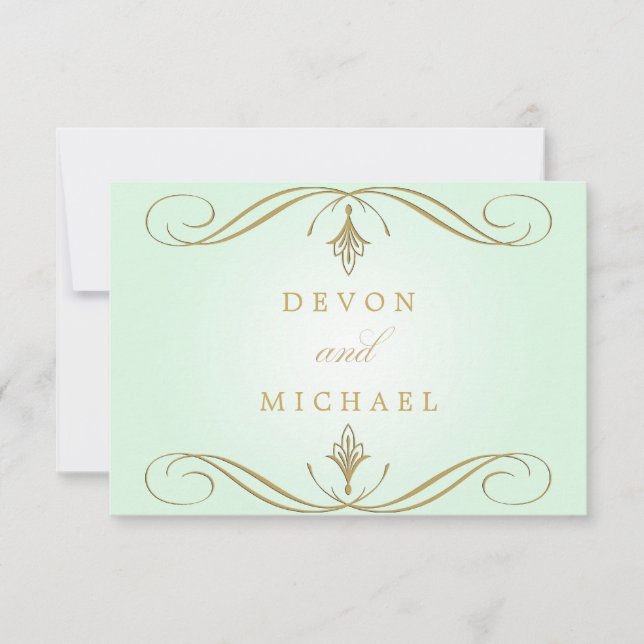 Mint Green and Gold Swirl Wedding Response Cards (Front)