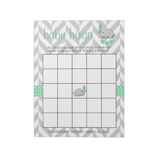 Mint Green and Grey Elephant Baby Shower Bingo Notepad (Rotated)