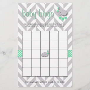 Mint Green and Grey Elephant Baby Shower Bingo Stationery