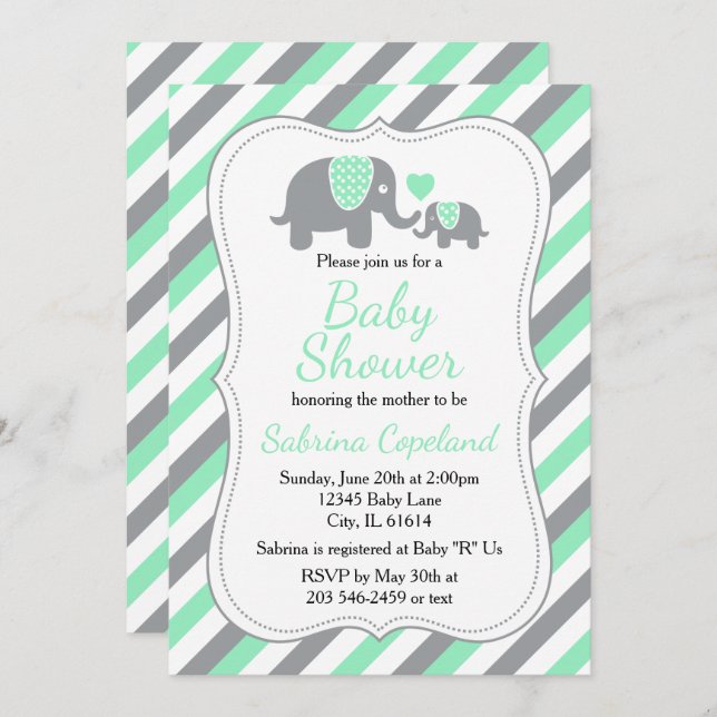 Mint Green and Grey Elephant 🐘 | Baby Shower Invitation (Front/Back)