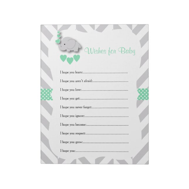 Mint Green and Grey Elephant Baby Shower - Wishes Notepad (Rotated)