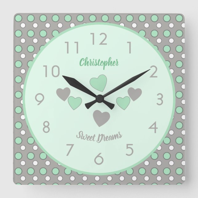 Mint green and grey with polka dots and name square wall clock (Front)