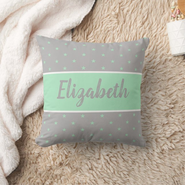 Mint green and grey with stars and a name cushion (Blanket)