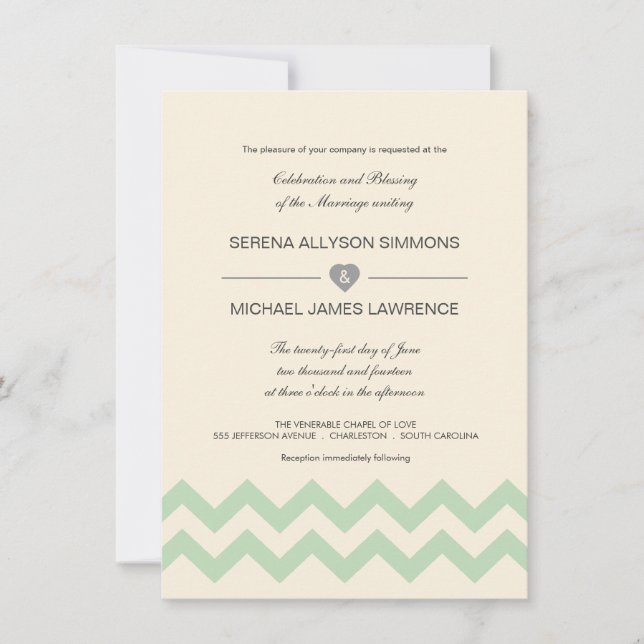 Mint Green and Ivory Chevron Wedding Invitations (Front)