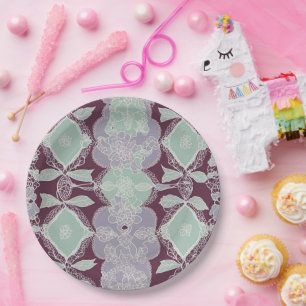 Mint green and lavender purple patterns AI art Paper Plate