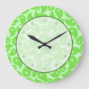 Mint Green and Lime Green Paisley. Large Clock