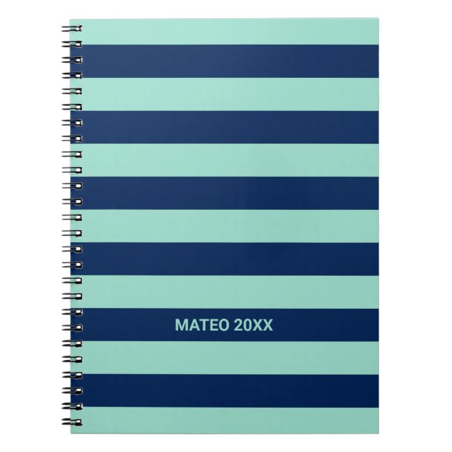 Mint Green and Navy Blue Stripes with Name Notebook (Front)