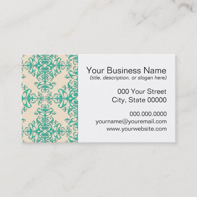 Mint Green and Off White Damask Style Pattern Business Card (Front)