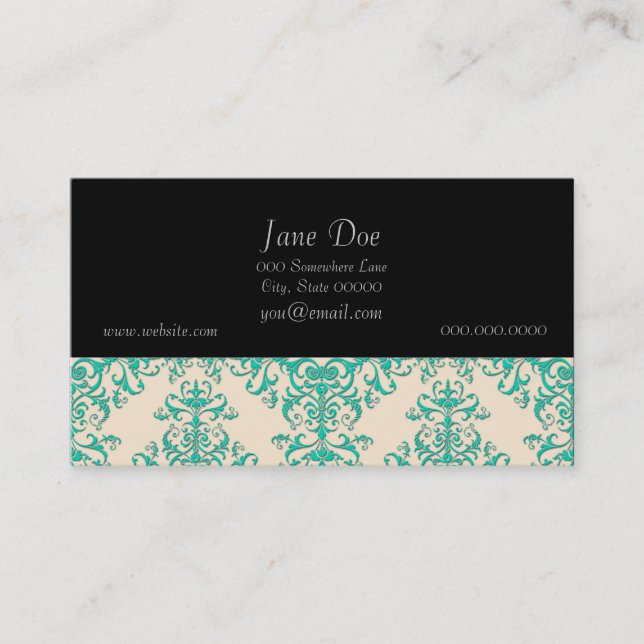 Mint Green and Off White Damask Style Pattern Business Card (Front)
