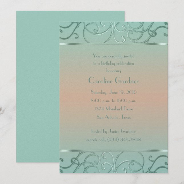 Mint Green and Peach Filigree Border Birthday Invitation (Front/Back)