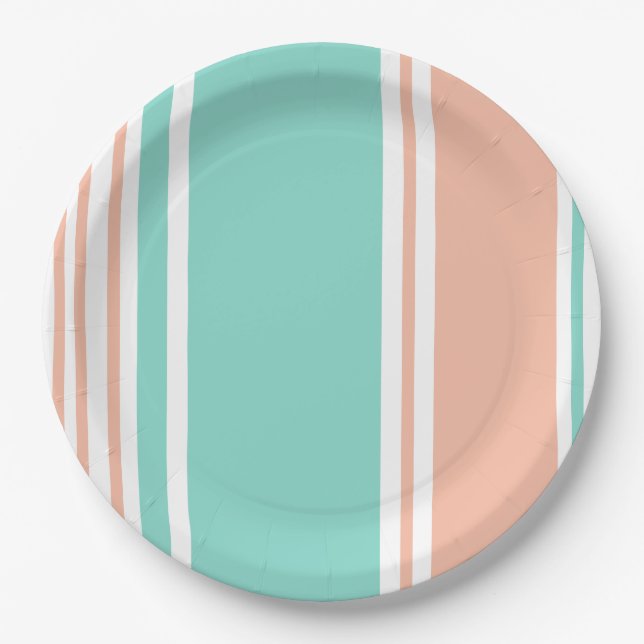 Mint Green and Peach Modern Stripes Paper Plate (Front)