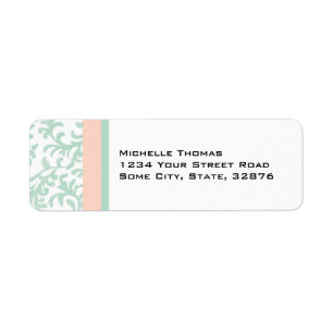 Mint Green and Peach Pink Damask Return Address Label