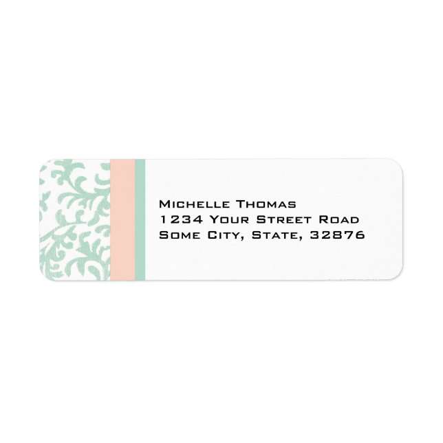 Mint Green and Peach Pink Damask Return Address Label (Front)