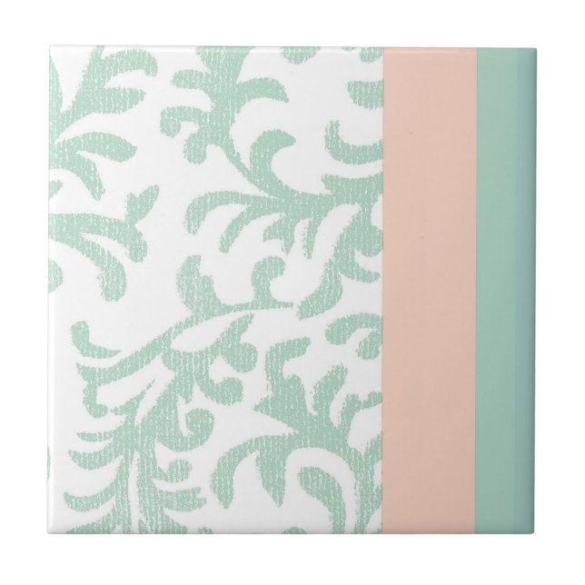 Mint Green and Peach Pink Floral Pattern Ceramic Tile (Front)