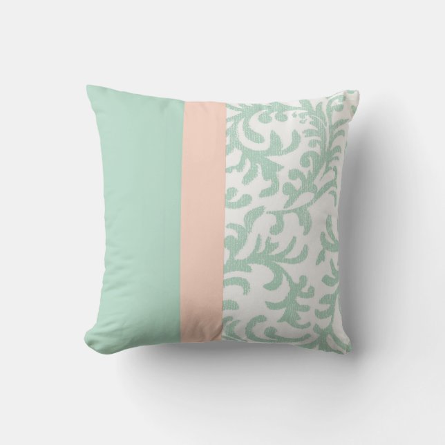 Mint Green and Peach Pink Floral Pattern Cushion (Front)