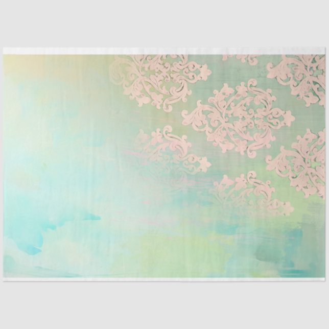 Mint Green and Persimmon Pink Weathered Damask  Tissue Paper (Front)