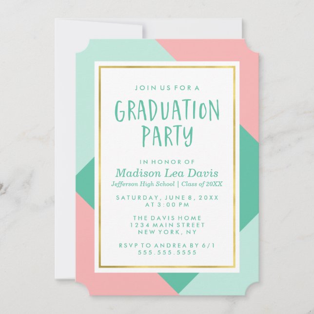 Mint Green and Pink Colour Block Graduation Party Invitation (Front)