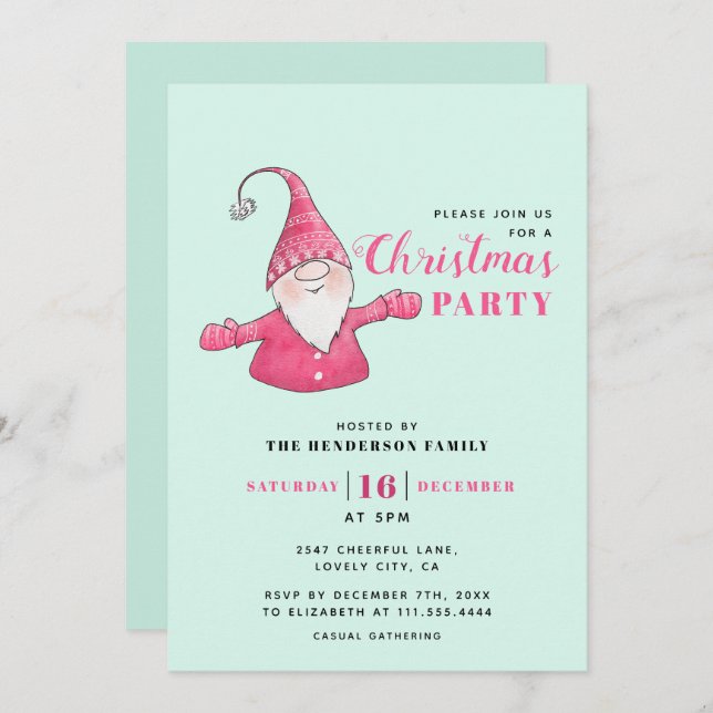 Mint Green and Pink Cute Gnome Christmas Invitation (Front/Back)