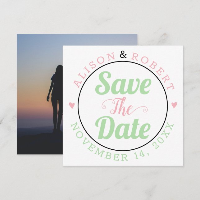 Mint green and pink typography photo on the back save the date (Front/Back)