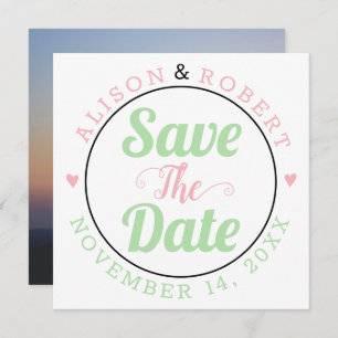 Mint green and pink typography photo on the back save the date
