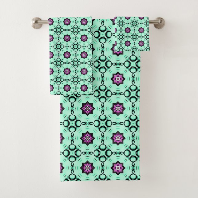 Mint green and purple geometric mandala pattern  bath towel set (Insitu)
