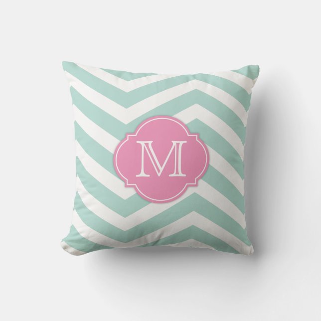 Mint Green and White Chevron Pattern with monogram Cushion (Front)