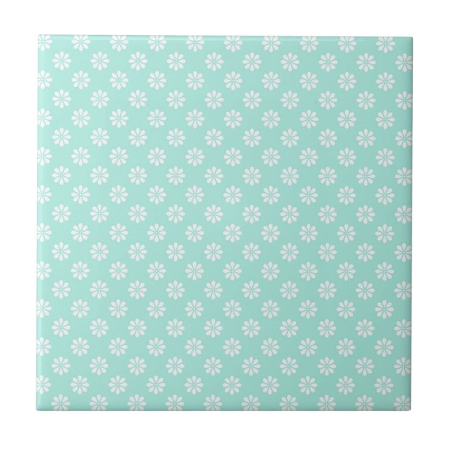 Mint Green and White Daisies Patterned Ceramic Tile (Front)