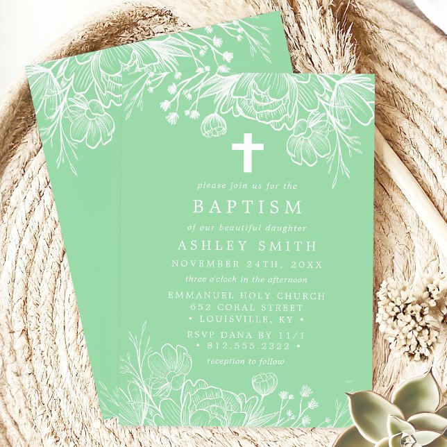 Mint Green and White Floral Baptism Invitation (Creator Uploaded)