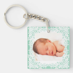 Mint green and white lace custom photo keychain