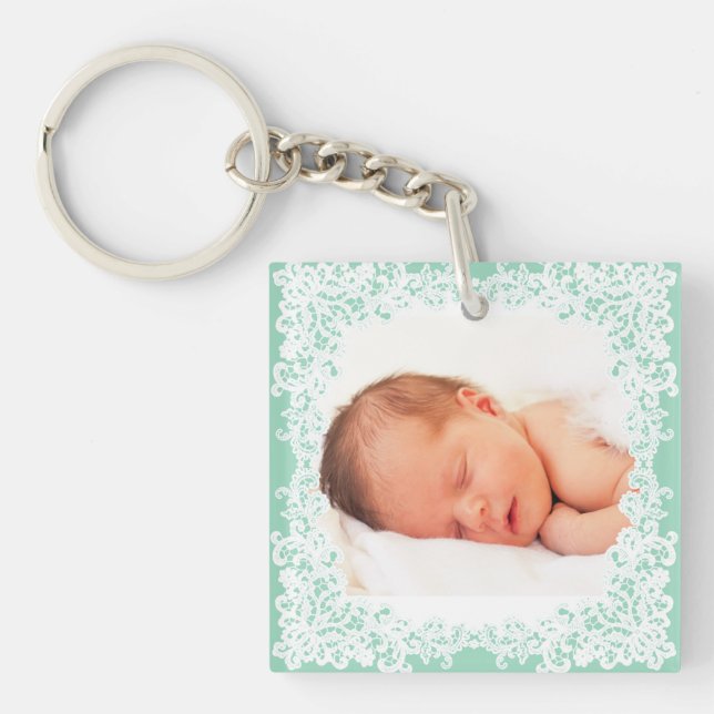 Mint green and white lace custom photo keychain (Front)