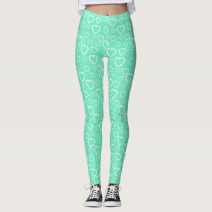 Mint Green and White Love Hearts Pattern Leggings