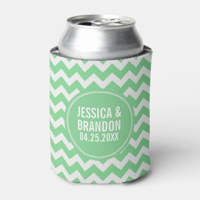 Mint-Green And White Monogram Chevron Pattern Can Cooler (Can Front)