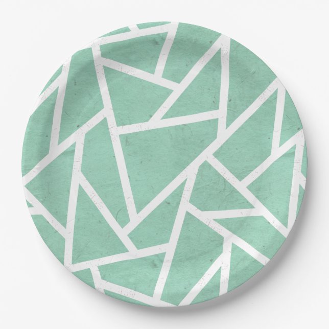 Mint green and white mosaic pattern paper plate (Front)