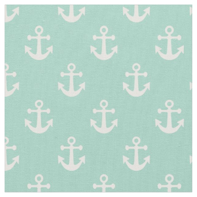 Mint Green and White Nautical Anchors Pattern Fabric (Close Up)