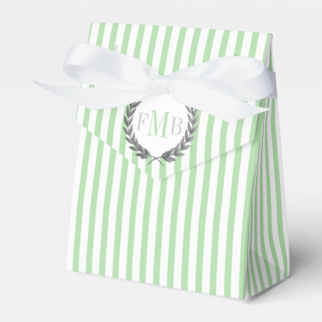 Mint green and white stripes monogram wedding favour box (Front Side)