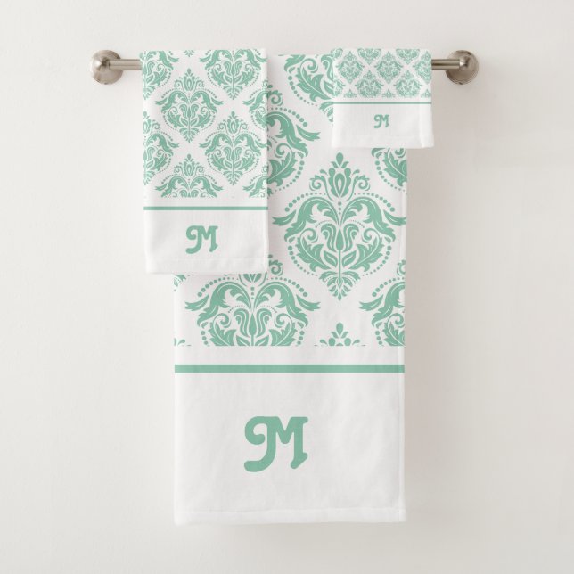 Mint-green and white vintage damasks monogram 2 bath towel set (Insitu)