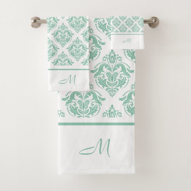 Mint-green and white vintage damasks monogram bath towel set (Insitu)