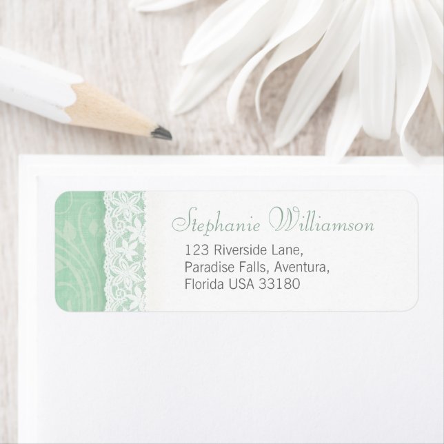 Mint green and white wedding return reply address label (Insitu)
