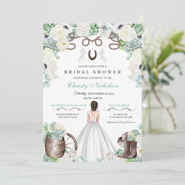 Mint Green and White Western Bridal Shower  Invitation (Standing Front)