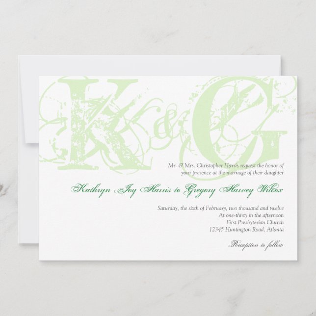 Mint green antique grunge monogram wedding invite (Front)