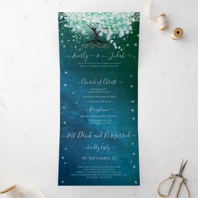Mint Green Aqua Sea Blue Heart Leaf Tree Wedding Tri-Fold Invitation (Inside)