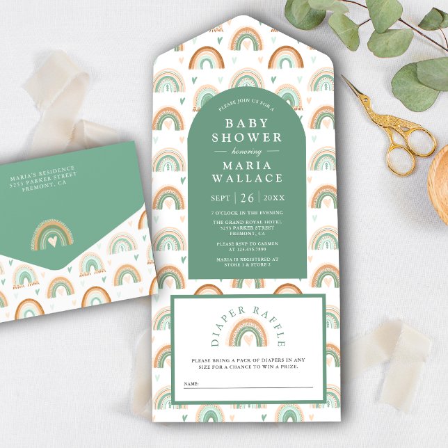 Mint Green Arch Boho Rainbow Baby Shower All In One Invitation (Creator Uploaded)