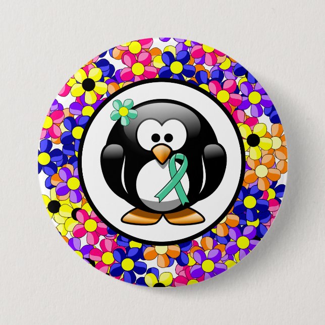 Mint Green Awareness Ribbon Penguin 7.5 Cm Round Badge (Front)