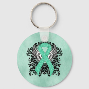 Mint Green Awareness  Ribbon with Wings Key Ring