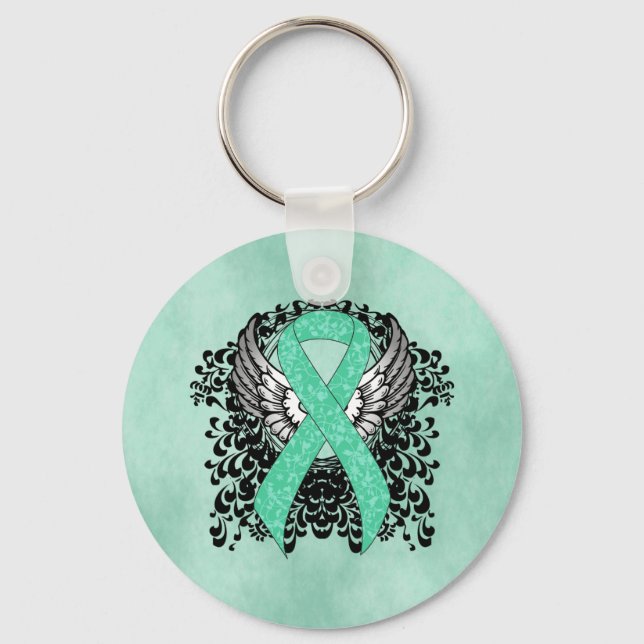 Mint Green Awareness  Ribbon with Wings Key Ring (Front)