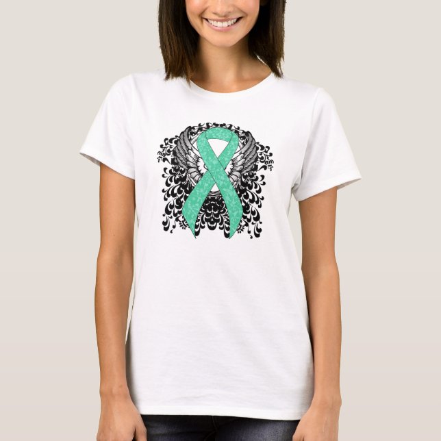 Mint Green Awareness  Ribbon with Wings T-Shirt (Front)