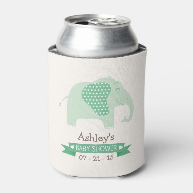 Mint Green Baby Elephant Baby Shower Can Cooler (Can Front)